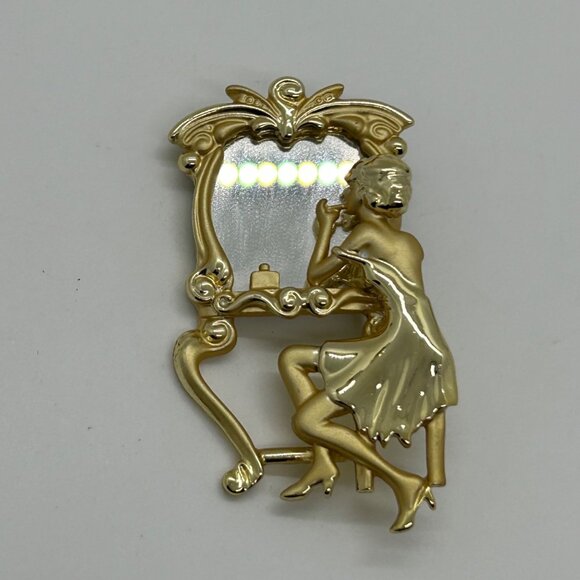 Estate Jewelry - Vintage Gold-Tone Vanity Brooch With Lady At Dressing Table Mirror Design